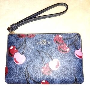 COACH Navy Cherry Print Wristlet with Pink & Red Accents Like New W/Tags